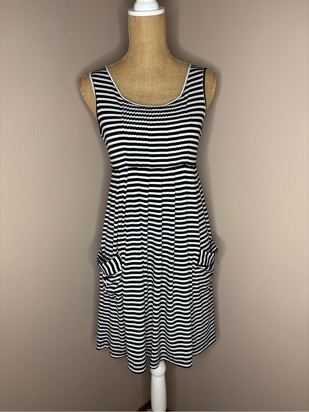 Calvin Klein Sleeveless Black and White Striped Tank Dress with Pockets